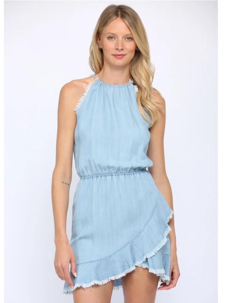 Fate Tencel Fray Hem Sleeveless Tank Dress Blue Sz M
